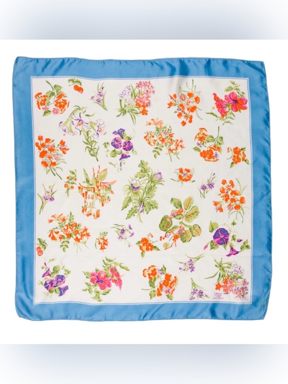 Liberty of London Made in England Silk Floral Square Scarf Blue Border